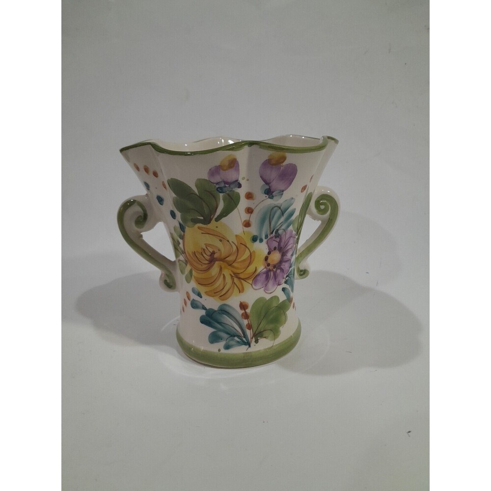 FTD Handpainted Porcelain Vase 6 “tall  Portugal  2 Handles Green Trim Flowers